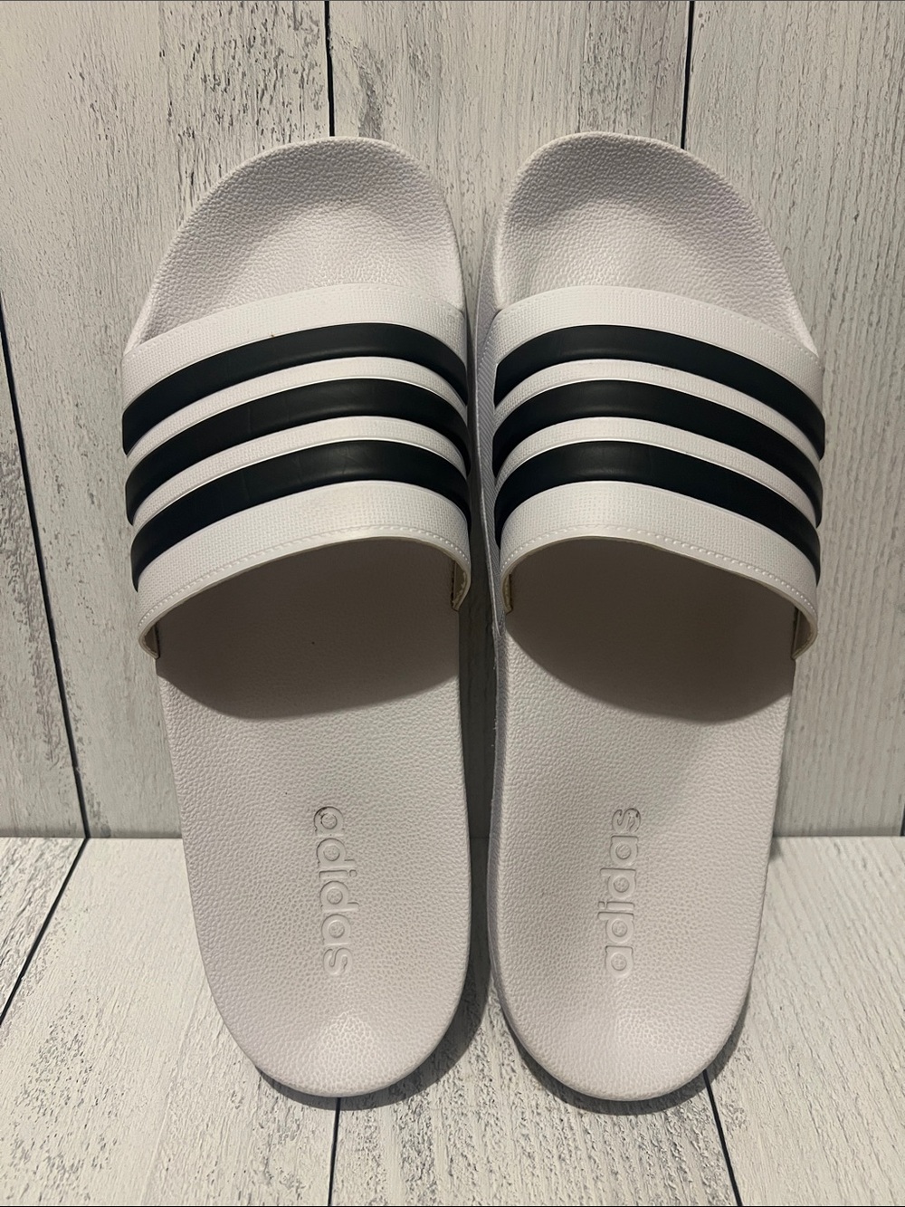 Adidas White Slide Sandals with Black Stripes - Classic Slip-On - Picture 3 of 7